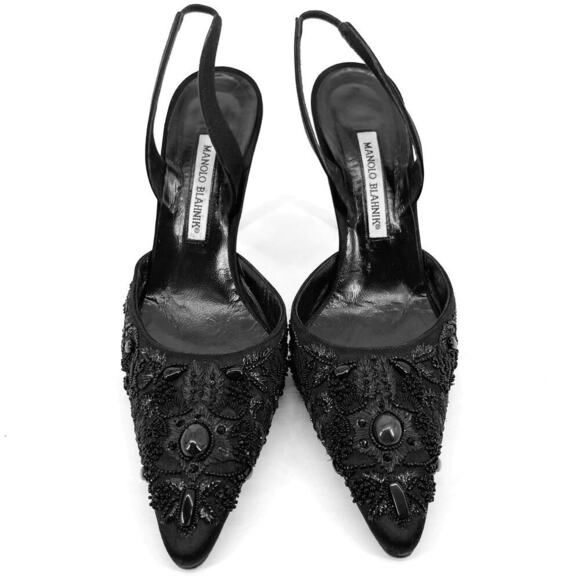 Manolo Blahnik Retro Black Satin Ornate Beaded Pointed Toe Slingback Heel IT 40 - Picture 1 of 13